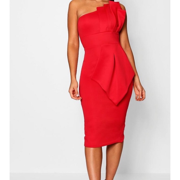 one shoulder pleated midi dress